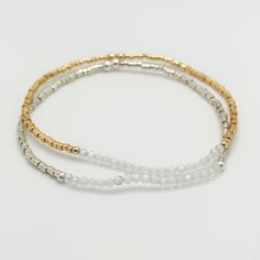 "This stretch bracelet features a 1.5\" section of genuine 2mm faceted clear quartz crystals. It can be made with either sterling silver or gold accent beads. The bracelet is finished with high quality Miyuki Delica duracoat beads in either galvanized gold or silver finish.  This bracelet can be customized for size. If you are unsure of your wrist size, simple measure a bracelet that you like the length of; or wrap a string tightly around your wrist and then measure the length. Add .5 inches to Adjustable Silver Stretch Bracelet With Faceted Details, Adjustable Faceted Crystal Bracelet In Minimalist Style, Adjustable Silver Faceted Stretch Bracelet, Silver Adjustable Faceted Stretch Bracelet, Minimalist Adjustable Faceted Crystal Bracelet, Everyday White Crystal Bracelet With Faceted Beads, Adjustable Faceted Crystal Bracelet For Everyday, Adjustable Faceted White Crystal Bracelet, Adjustable White Faceted Crystal Bracelet