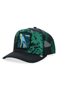 An embroidered patch fronts a classic trucker hat constructed with breathable mesh paneling at the sides and back. Adjustable snapback strap 60% polyester, 35% nylon, 5% cotton Spot clean Imported Green Mesh Snapback Baseball Cap, Green Mesh Trucker Hat, Casual Mesh Snapback Hat With Embroidered Logo, Adjustable Mesh Trucker Hat With Embroidered Logo, 5-panel Mesh Trucker Hat With Logo Patch, Mesh Snapback Hat With Embroidered Logo, Casual Green Mesh Baseball Cap, Mesh Trucker Hat With Embroidered Logo And Curved Bill, Mesh Trucker Hat With Embroidered Logo