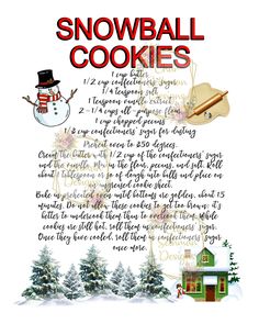 a recipe for snowball cookies on a white background