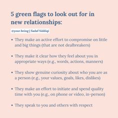 a pink background with the words 5 green flags to look out for in new relationships