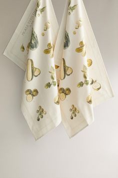 two kitchen towels hanging from a hook on a wall with fruit and nuts printed on them