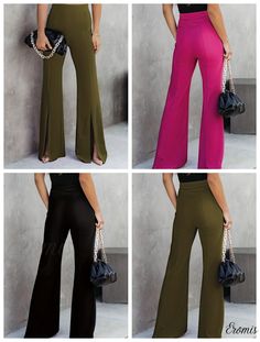 Eromis – Elevated Flare-Leg Pants with Split Hem: Sophisticated High-Waisted Solid Fashion Trousers for Womens Spring/Fall Wardrobe – Eromis Stretch Dress Pants For Summer, Summer Stretch Dress Pants In Solid Color, Stretch Solid Color Summer Dress Pants, Versatile Stretch Bottoms For Party, Pink Long Pants With Solid Color, High Waist Solid Color Bottoms For Party, Stretch Dress Pants With Solid Color, Stretch Solid Color Pants For Night Out, Stretch Pants In Solid Color For Night Out