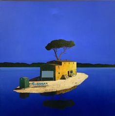 a painting of a house on an island with a tree in the middle of it