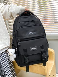 BagForLove - Bear Doll Schoolbag: Kawaii Backpack with Buckle Decor, Simple Preppy Style Product Description Color Black Strap Type Adjustable Details Buckle Composition 100% Nylon Closure Type Zipper Pattern Type Letter Bag Size Medium Material Polyamide Features Lightweight Style Unisex Type Classic Backpack Size Chart INCH CM Handle Height Strap Length Bag Height Bag Width Bag Length 3.5/2.8 inch 35.4 inch 18.1 inch 5.5 inch 12.6 inch Handle Height Strap Length Bag Height Bag Width Bag Length Kawaii Large Capacity Backpack For School, Kawaii Large Capacity School Backpack, Harajuku Large Capacity Backpack For Everyday, Harajuku Style Large Capacity Backpack For Everyday Use, Large Capacity Harajuku Backpack, Everyday Harajuku Backpack, Kawaii Backpack For Everyday And Back To School, Black Kawaii Bags For Study, Kawaii Black Backpack For Students