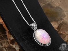 Pink Moonstone and Silver Necklace Mystical White Moonstone Necklaces, Mystical White Moonstone Necklace, Mystical Oval Gemstone Necklace, White Mystical Gemstone Necklace, Elegant Moonstone Necklace With Large Stone, Bohemian Oval Moonstone Necklace, King Aesthetic, Pink Moonstone, Color Jewelry