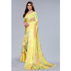 Yellow colored saree is made from art silk fabric which is highlighted with beautiful floral print and crochet border work as shown. comes along unstitched satin blouse piece which you can customise as per your design/style. Occasion - You can wear this saree for party wear. Note:- The actual product may differ slightly in color and design from the one illustrated in the images when compared with computer or mobile screen. Saree For Party Wear, Saree For Party, Crochet Border, Silk Art, Art Silk Sarees, Crochet Borders, Printed Art, Mobile Screen, Chiffon Saree