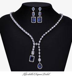 Glamorous 3A CZ Sapphire Blue Wedding and Formal Jewelry Set Sapphire Blue Wedding, Sapphire Blue Weddings, Quinceanera Accessories, Winter Wedding Accessories, Gold Bridesmaid Jewelry, Sapphire Jewelry Set, Beaded Wedding Veils, Rose Gold Bridesmaid, Formal Earrings