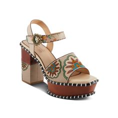 L'Artiste by Spring Step-Gogetem Platform Sandal Add eccentricity to your profile with the retro-modern Gogetem platform sandal by L'Artiste. Perf-lined floral design with meticulously detailed hand-painted flowers stays noteworthy in the hook-and-loop sandal. A floral buckle and a semi-patterned block heel jive up the uniqueness. L'artiste By Spring Step, Mens Scarves, Hand Painted Flowers, Artist Style, Resort Wear, Active Wear Tops, Platform Sandals, Leather Crossbody Bag, Leather Crossbody