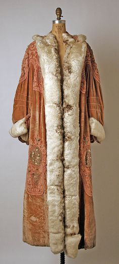 Coat, Opera.  Callot Soeurs  (French, active 1895–1937).  Date: ca. 1907. Culture: French. Medium: silk, metal, feathers. Dimensions: Length at CB: 59 1/2 in. (151.1 cm). Tea Gown, Opera Coat, A Night At The Opera, Afternoon Dress