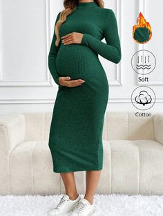 Maternity Ribbed Knit Solid Stand Collar Long Sleeve Dress Dark Green Casual  Long Sleeve Knitted Fabric Plain Bodycon Medium Stretch  Maternity Clothing, size features are:Bust: ,Length: ,Sleeve Length: Knee Length Sweater, Fall Sweater Dress, Office Wear Women, Winter Stil, Pregnancy Outfits, Maternity Clothing, Long Sleeve Sweater Dress, Pantalon Cargo, Kids Sleepwear