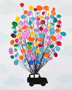 a painting of a car with colorful balloons in the shape of a tree on it