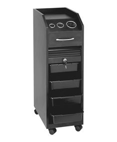 a black cabinet with three drawers on wheels