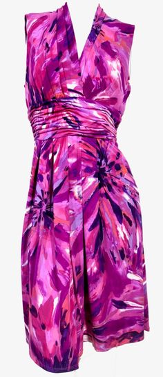 Nwt Studio One 1 Sleeveless V Neck Ruched Waist Pink Purple Color Blast Dress 10 Pink Sleeveless Dress With Gathered Waist, Sleeveless Pink Dress With Gathered Waist, One 1, Purple Color, Pink Purple, V Neck, Purple, 10 Things, Pink