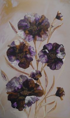 an oil painting of purple flowers on a beige background