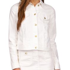 Micheal Kors White Jean Jacket With Gold Buttons. Size Xs (Can Fit Small As Well) Worn Once, Brand New Condition, Comfortable And Trendy! Trendy White Cropped Jacket With Button Closure, White Cotton Cropped Jacket For Work, White Fitted Cropped Cotton Jacket, Fitted White Cotton Cropped Jacket, White Fitted Button-up Cropped Jacket, Fitted White Button-up Cropped Jacket, Chic White Long Sleeve Denim Jacket, White Denim Jacket For Workwear, White Denim Jacket For Work