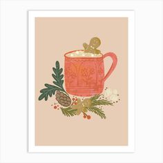 a pink mug filled with hot chocolate and pine cones