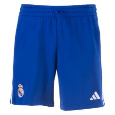 adidas Real Madrid DNA Short 24/25. Show who you support in this classic three stripe short. Casual and comfortable. Elastic drawstring waist. Embroidered badge. Polyester. Adidas Cotton Athletic Shorts With Three Stripes, Adidas Cotton Shorts With Three Stripes Branding, Sporty Cotton Athletic Shorts With Three Stripes, Adidas Cotton Athletic Shorts, Adidas Sportswear Shorts With Three Stripes, Adidas Cotton Shorts With Three Stripes, Cotton Athletic Shorts With Three Stripes For Sports, Adidas Sports Shorts With Side Stripes, Sports Shorts With Three Stripes