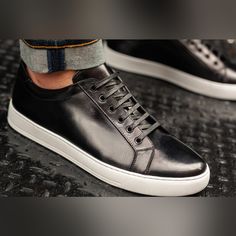 Nib Want Les Essentiels Leather Sneakers Casual Black Custom Sneakers In Calf Leather, Black Casual Custom Calf Leather Sneakers, Casual Custom Black Calf Leather Sneakers, Black Casual Custom Sneakers For Business, Casual Black Custom Sneakers For Business, Elegant Low-top Calf Leather Sneakers, Elegant Low-top Custom Sneakers In Calf Leather, Black Calf Leather Sneakers With Contrasting Heel, Elegant Sneakers With White Sole And Plain Toe