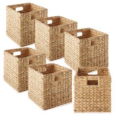 set of six woven storage baskets with handles in natural color, 6x5x4 inches