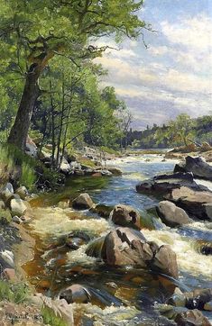 a painting of a river with rocks and trees