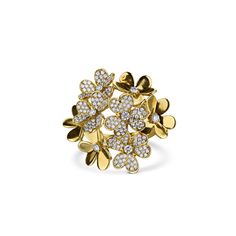 An exquisite floral bouquet. Crafted in 18 karat yellow gold, this bouquet consists of round diamonds around a few flowers within the ring. Make a statement with this piece. Luxury Flower Wedding Ring, Luxury Flower Shaped Ring For Wedding, Luxury Flower-shaped Diamond Ring For Formal Occasions, Luxury Yellow Gold Flower Ring With Brilliant Cut, Yellow Gold Cluster Flower Ring, Luxury Flower-shaped Diamond Ring With Rose Cuts, Luxury Flower-shaped Diamond Ring With Rose Cut Diamonds, Luxury Cluster Flower Ring For Wedding, Brilliant Cut Flower Ring