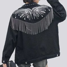 Introducing our Fringe Black Women's Denim Jacket from the 2023 Spring-Summer Collection ââ‚?the ultimate expression of Y2K elegance!Why It's Your Next Summer StapleThis denim jacket is the perfect blend of contemporary fashion and nostalgic Y2K vibes. With its oversized silhouette. buttoned closure. and unique fringed detailing. it's more than just a jacket ââ‚?it's a statement. an anthem. a vibe!Key Highlights: Y2K Galore: Inspired by the iconic '00s vogue movement. this jacket exudes an effor Black Cotton Summer Outerwear, Summer Black Cotton Outerwear, Black Cotton Outerwear For Summer, Black Denim Jacket For Summer, Edgy Summer Denim Outerwear, Black Cotton Denim Jacket For Spring, Trendy Black Denim Jacket For Spring, Trendy Black Spring Denim Jacket, Black Denim Jacket For Spring Streetwear