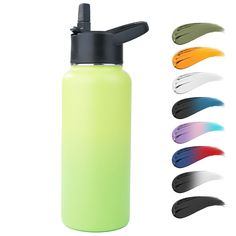 a green water bottle with black lid and six different colors of the same liquid in it