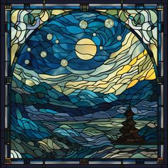 a stained glass window with an image of the moon and stars above it in blue tones