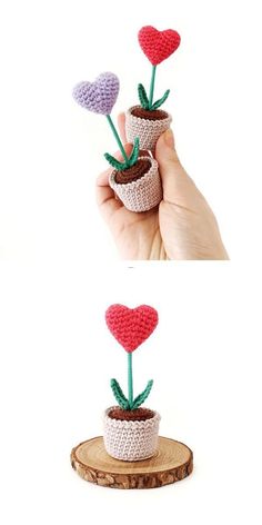 crocheted potted plants with hearts on them