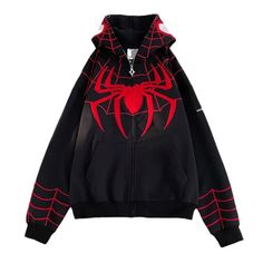 Elevate your style with the Spiderman Full Zip Hoodie, available in classic black, bold red, and crisp white. This hoodie showcases a Y2K-inspired spiderweb embroidery, adding a unique touch to your ensemble. Crafted from premium materials, it offers both comfort and durability. Whether you&#039;re a Spidey fan or simply appreciate standout fashion, this hoodie is a must-have addition to your collection. Shop now and let the Spiderman Full Zip Hoodie swing into your wardrobe. Stand out an... Spiderman Jacket, Spiderweb Embroidery, Spider Man Hoodie, Spiderman Stuff, Spiderman Hoodie, Wardrobe Stand, Tactical Wear, Black Spiderman, Racer Jacket