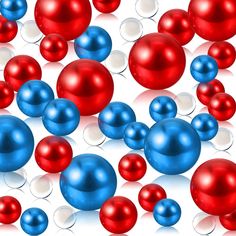 red, white and blue balls are scattered together