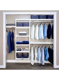 an organized closet with clothes and shoes