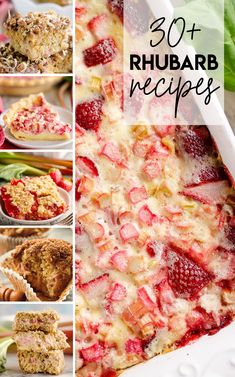 strawberry rhubarb desserts collage with text overlay that reads 30 + rhubarb recipes