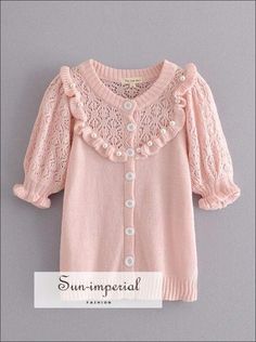 Women Pink Short Sleeve Cardigan Sweater O Neck Knitted top with Pearls detail Spring Knit Cardigan With Puff Sleeves, Casual Puff Sleeve Cardigan For Spring, Feminine Cotton Sweater For Winter, Feminine Cotton Winter Sweater, Pink Knit Tops With Buttons, Pink Knit Top With Buttons, Short Sleeve Sweater With Buttons For Fall, Short Sleeve Button Sweater For Fall, Fall Short Sleeve Button Sweater