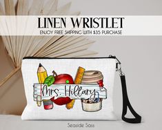 a pencil case with an apple and school supplies on it, along with the words mrs's flulary