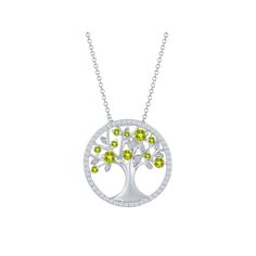 Celebrate the Tree of Life with this stunning peridot-green cubic zirconia necklace. Celebrate the Tree of Life with this stunning peridot-green cubic zirconia necklace.Click on this JEWELRY & WATCHES GUIDE to learn about fit, styles, materials and more! Clasp: lobster-claw Metal: sterling silver Chain length: 16 in. + 2-in. extender Packaging: boxed Plating: rhodium Finish: polished Cubic zirconia accents Pendant size: 1 in. x 1 in. Chain type: cable Gemstones may have been treated to enhance t Green Round Crystal Jewelry, Green Round Gemstone Diamond Necklace, Anniversary Green Diamond Necklace For May Birthstone, Fine Jewelry Green Necklaces With Diamond Accents, Fine Jewelry Green Necklace With Diamond Accents, May Birthstone Necklaces With Diamond Accents, Green Pendant Necklace With Diamond Accents, Green Diamond Round Pendant Necklace, Green Crystal Necklaces With Sparkling Stones