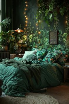 a bed with green comforter and pillows in a room filled with potted plants