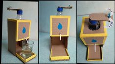 three pictures show how to make a cardboard box with water in it and an empty bottle inside