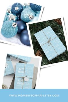 blue and silver christmas cards with ornaments on them