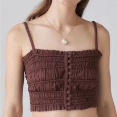 Super Cute Top From Urban! Stretchy But Super Flattering To Make Your Waist Look Nice Because Of The Corset Type Shape. More Brownish Than Purple- The Camera Didn’t Pick It Up Correctly. But It’s Definitely Purply Urban Outfitters Brown Tops For Day Out, Urban Outfitters Fitted Solid Crop Top, Urban Outfitters Corset Purple, Urban Outfitters V-neck Crop Top, Urban Outfitters Purple Sleeveless Top, Urban Outfitters Women, Urban Outfitters Tops, Cute Top, Cute Tops