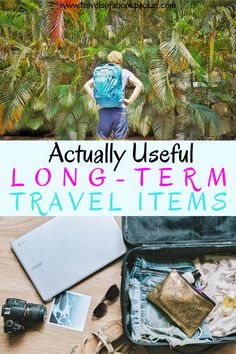 an open suitcase with the words actually useful long - term travel items in front of it