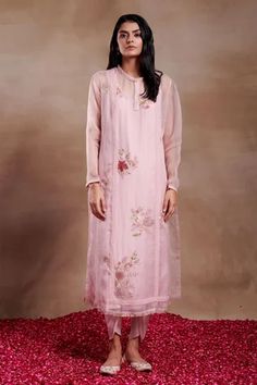 Shop for Shasha Gaba Pink Organza Hues Hand Embroidered Kurta And Dhoti Pant Set for Women Online at Aza Fashions Embroidered Embellishments, Lace Embellishments, Dhoti Pants, Straight Kurta, Band Collar, Pant Set, Floral Patterns, Set For Women, Aza Fashion