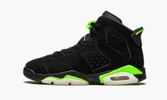 The Air Jordan 6 GS “Electric Green” is the youth sizing of the Summer 2021 colorway of Michael Jordan’s sixth signature shoe.  Whether intentional or not, the “Electric Green” mimics the styling of a rare and unreleased Oregon Ducks Player Exclusive Jordan 6 that was given to members of the Ducks' athletics department.  The “Electric Green” features the same color block of the Jordan 6’s original “Infrared” colorway, trading the latter’s blazing red accents for a bright neon green hue.  The ent Green Jordans, Air Jordan 6 Retro, Nike Air Jordan 6, Jordan 6 Retro, Jordan Shoes Girls, Electric Green, Nike Air Jordan Retro, Cute Nike Shoes, Air Jordan Sneakers