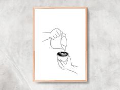 a black and white drawing of two hands holding a coffee cup