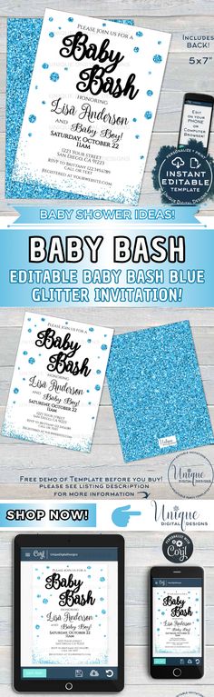 the baby bash flyer is shown with blue glitters on it and an ipad next to it