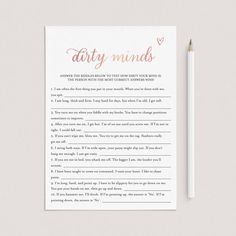 a printable dirty minds card with a pencil next to it