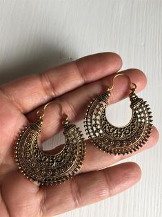 Antique Gold Earrings Hoop Tribal Boho Ethnic Bohemian | Etsy Bohemian Small Hoop Earrings For Parties, Bohemian Metal Dangle Hoop Earrings, Bohemian Brass Hoop Earrings For Party, Bohemian Bronze Earrings With Intricate Design, Brass Hoop Earrings With Latkans For Festivals, Traditional Small Hoop Earrings For Festival, Bohemian Round Hoop Earrings For Party, Bohemian Hoop Earrings For Festive Occasion, Bohemian Metal Hanging Hoop Earrings