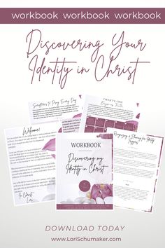 the workbook for recovering your identity in christ is shown with four different pages on it