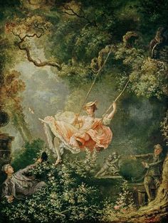 a painting of a woman swinging on a swing in the woods with other people nearby