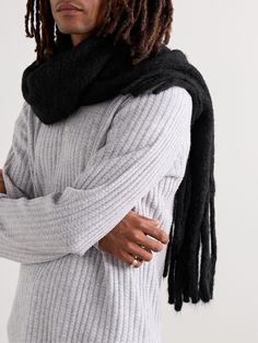 Séfr's fringed scarf is knitted from a fuzzy, warm alpaca-blend and detailed with a signature logo appliqué. It's long enough to style draped, knotted or wrapped. Cozy Winter Scarves With Fringe, Scarf For Men, Plain Scarves, Wardrobe Edit, Luxury Sneakers, A Signature, Fringe Scarf, Stylish Watches, Scarf Men